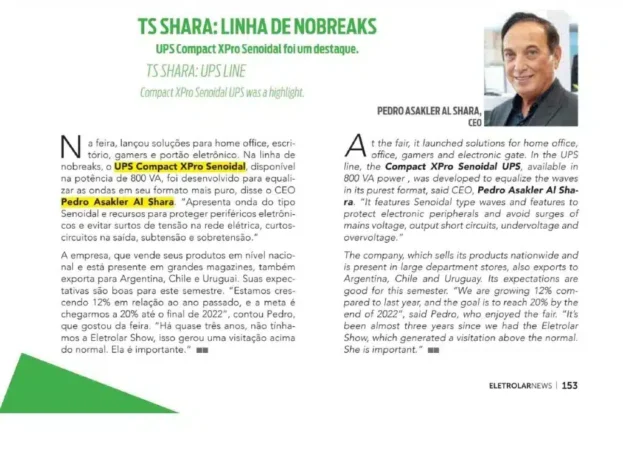Página de revista com o título "TS Shara: Linha de Nobreaks" em verde. No canto superior direito, há uma foto de Pedro Asakler Al Shara, CEO da empresa. O texto, escrito em português e inglês, destaca o lançamento do nobreak UPS Compact XPro Senoidal de 800 VA