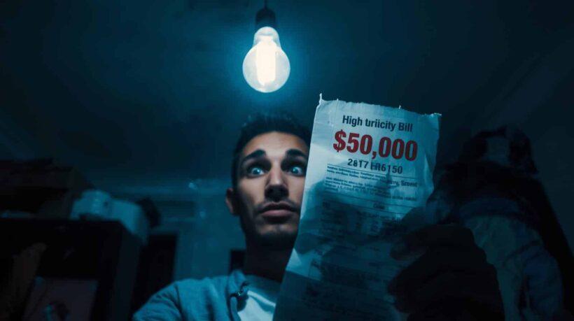 Fotografia em tons sombrios de um homem com expressão de choque e olhos arregalados, iluminado por uma única lâmpada nua acima de sua cabeça. Ele segura um papel amassado onde se lê em destaque "High Electricity Bill $50,000".