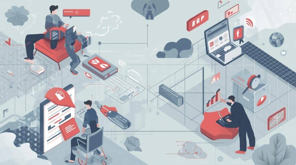 Ilustração isométrica complexa em tons de azul, cinzento e vermelho. Mostra várias pessoas em diferentes estações de trabalho conectadas por linhas finas, operando computadores, tablets e sistemas digitais.
