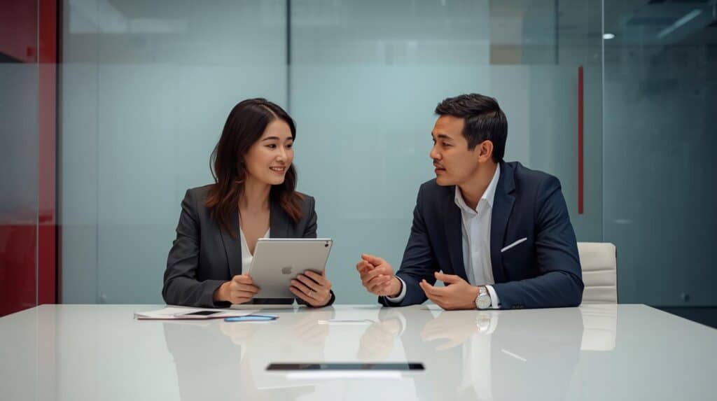 Homem e mulher em trajes de negócios conversando em uma mesa de reunião; ela segura um tablet.