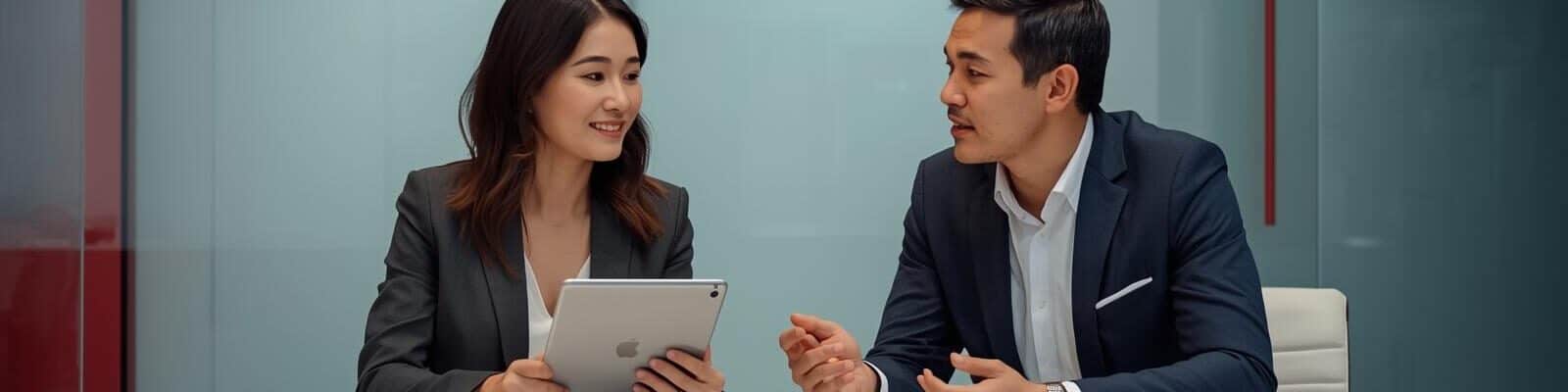 Homem e mulher em trajes de negócios conversando em uma mesa de reunião; ela segura um tablet.
