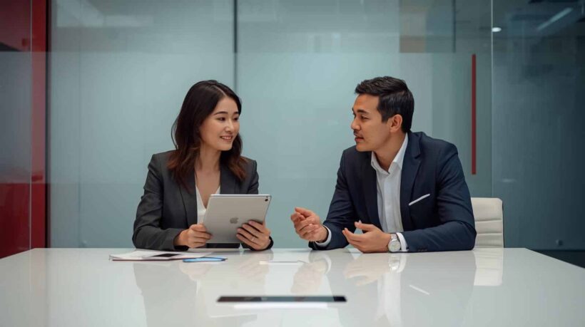 Homem e mulher em trajes de negócios conversando em uma mesa de reunião; ela segura um tablet.