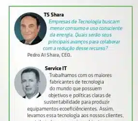 Recorte de página com dois depoimentos sobre sustentabilidade. No topo, foto de Pedro Al Shara (TS Shara) com a pergunta: "Quais serão seus principais avanços para colaborar com a redução desse recurso?"
