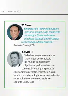 Recorte de página com dois depoimentos sobre sustentabilidade. No topo, foto de Pedro Al Shara (TS Shara) com a pergunta: "Quais serão seus principais avanços para colaborar com a redução desse recurso?"