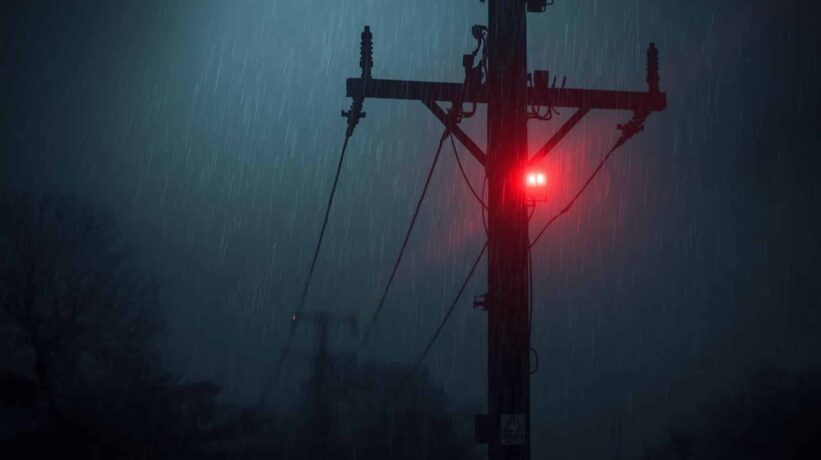 Poste de energia elétrica sob forte chuva noturna, com uma luz de alerta vermelha acesa e perigo visível.