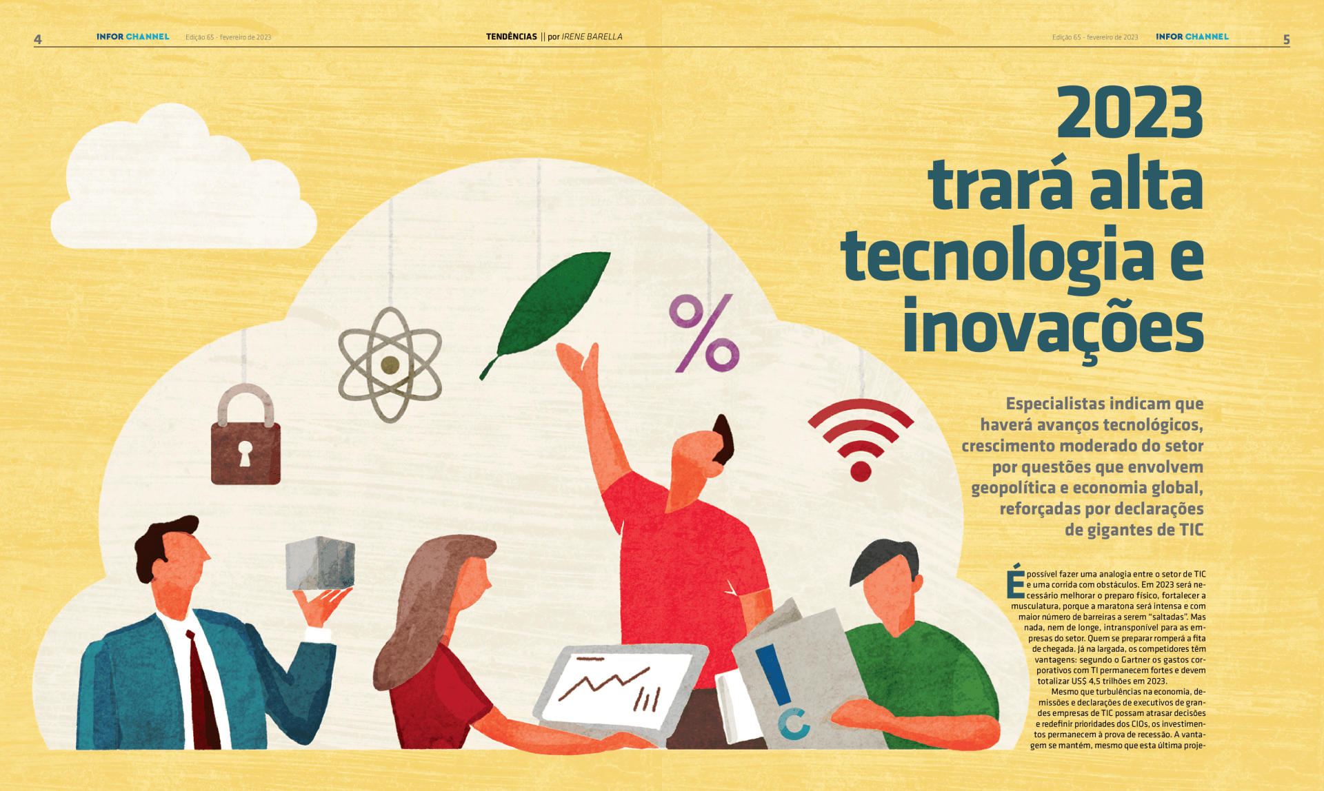 lustração estilizada sobre fundo amarelo texturizado. Quatro pessoas aparecem na parte inferior, interagindo com ícones flutuantes que representam tecnologia e economia: um cadeado, um átomo, uma folha verde, um símbolo de porcentagem e ondas de Wi-Fi. No centro, um homem de camisa vermelha estende a mão para a folha.