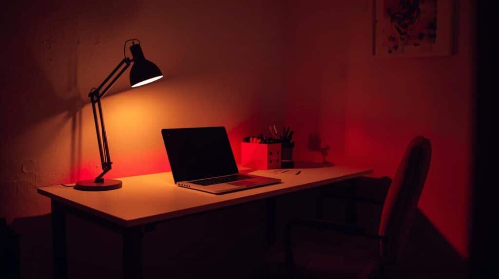 Fotografia de uma estação de trabalho de home office em um ambiente escuro, iluminada por uma luminária de mesa articulada. Sobre a mesa branca, há um laptop aberto com a tela preta e um porta-canetas.