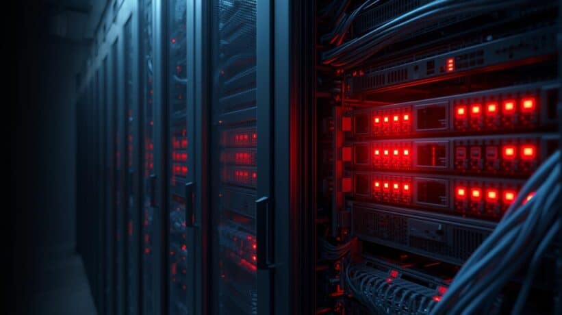 Vista em ângulo de um corredor de racks de servidores em um Data Center, com luzes vermelhas indicando a atividade dos equipamentos.