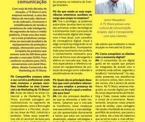 Uma página de revista com fundo amarelo vibrante intitulada "TS Shara investe no meio digital para a estratégia eficiente de comunicação"