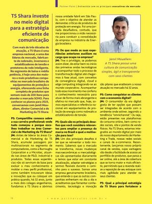 Uma página de revista com fundo amarelo vibrante intitulada "TS Shara investe no meio digital para a estratégia eficiente de comunicação"