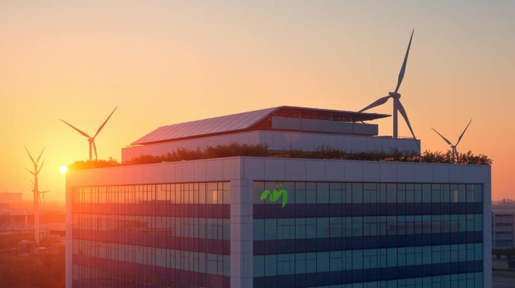Fotografia de um edifício moderno ao entardecer, com o sol se pondo no horizonte à esquerda. O topo do prédio está equipado com painéis solares e cercado por diversas turbinas eólicas brancas em operação.