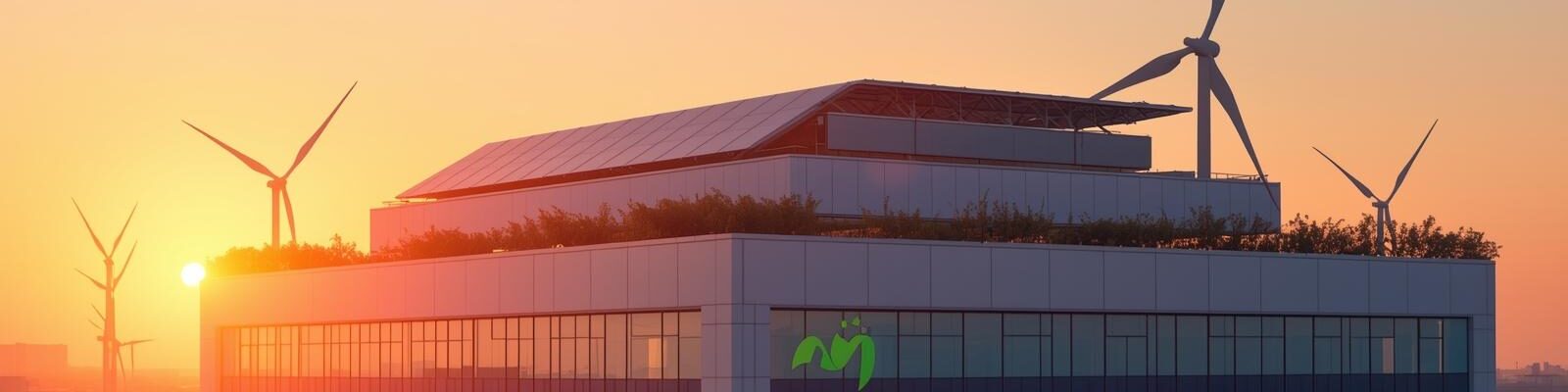Fotografia de um edifício moderno ao entardecer, com o sol se pondo no horizonte à esquerda. O topo do prédio está equipado com painéis solares e cercado por diversas turbinas eólicas brancas em operação.