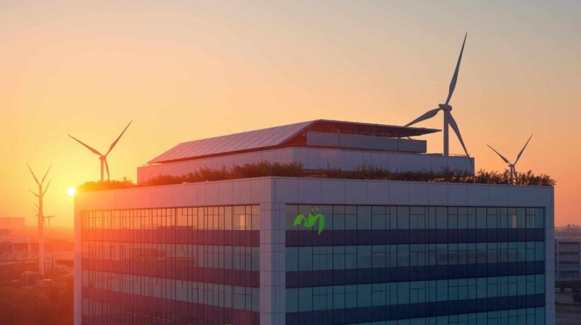 Fotografia de um edifício moderno ao entardecer, com o sol se pondo no horizonte à esquerda. O topo do prédio está equipado com painéis solares e cercado por diversas turbinas eólicas brancas em operação.