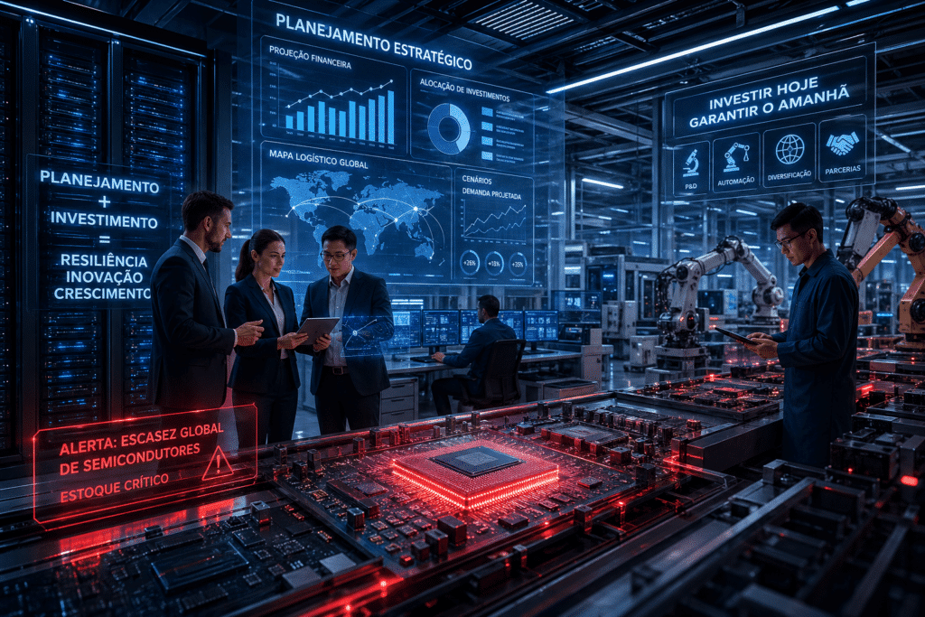 Executivos e engenheiros analisam fábrica de tecnologia com chips, robôs e painéis digitais de planejamento.