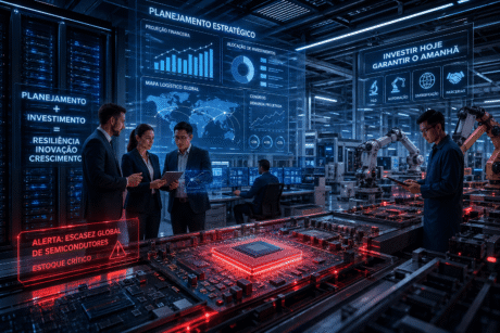 Executivos e engenheiros analisam fábrica de tecnologia com chips, robôs e painéis digitais de planejamento.