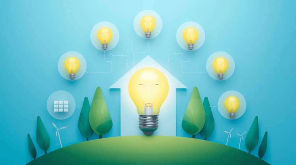 Uma composição digital minimalista em tons de azul e verde sobre um fundo azul claro. No centro, uma silhueta de casa branca abriga uma lâmpada incandescente acesa e amarela, simbolizando energia doméstica.