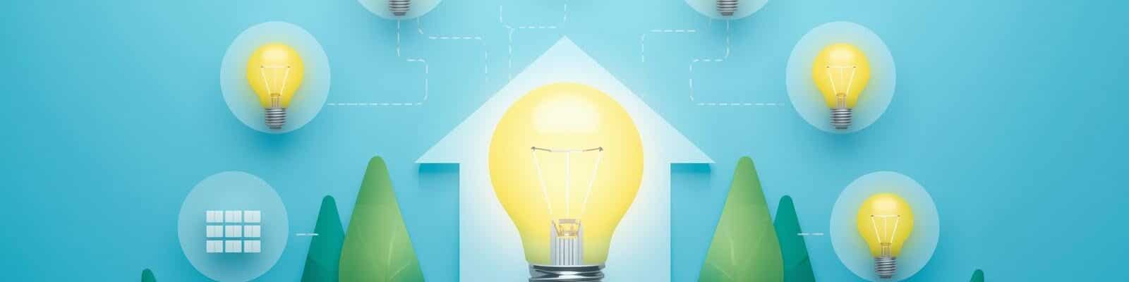Uma composição digital minimalista em tons de azul e verde sobre um fundo azul claro. No centro, uma silhueta de casa branca abriga uma lâmpada incandescente acesa e amarela, simbolizando energia doméstica.