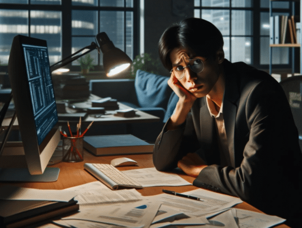 um rapaz aborrecido no trabalho, em frente ao computador