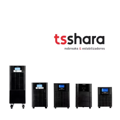 uma imagem de 5 nobreaks da TS Shara com a logo da empresa acima 