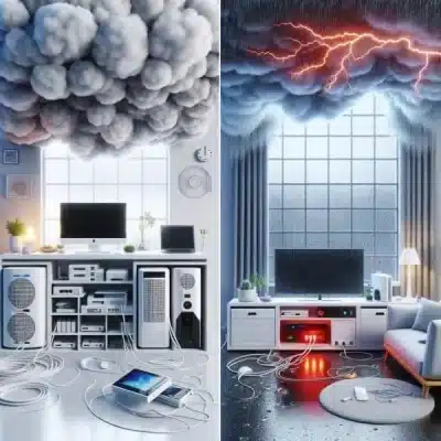 duas imagens divididas pelo meio, uma é uma sala com um pc sob a mesa, cpu e muitos fios no chão. No teto uma nuvem carregada. Do outro lado uma sala com uma tv e alguns fios espalhados pelo chão