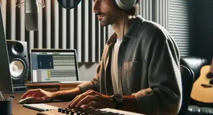 imagem gerada por IA com homem trabalhando em estúdio de aúdio e vídeo