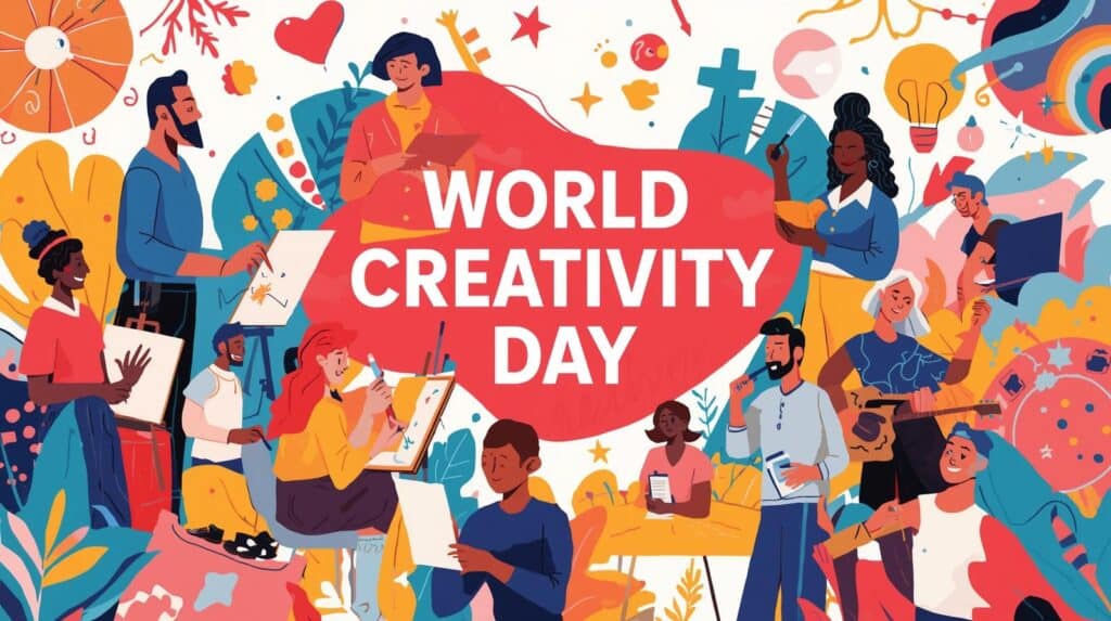 Uma ilustração vibrante em estilo flat design para o "World Creativity Day" (Dia Mundial da Criatividade).