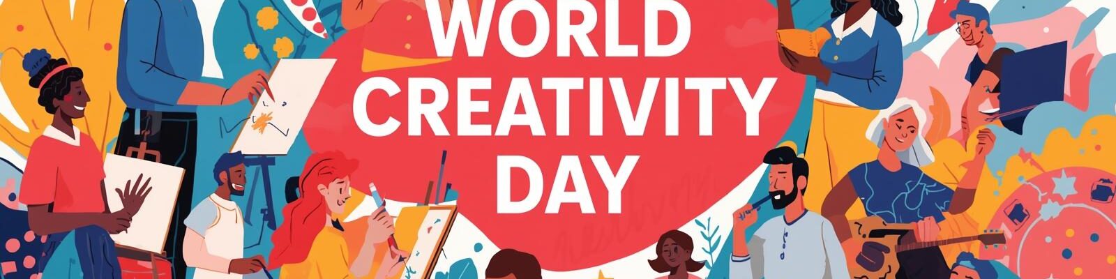 Uma ilustração vibrante em estilo flat design para o "World Creativity Day" (Dia Mundial da Criatividade).