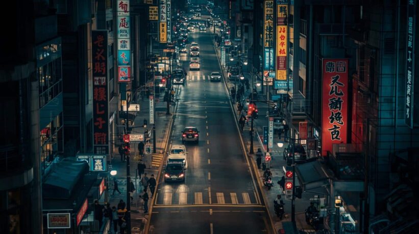 Uma vista aérea noturna de uma avenida movimentada em uma metrópole asiática, ladeada por edifícios com grandes letreiros luminosos em caracteres orientais. Carros com faróis acesos cruzam a via, enquanto pedestres caminham pelas calçadas.
