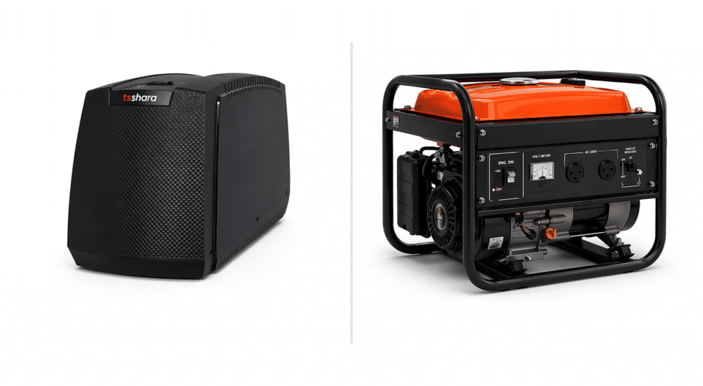 Nobreak preto e gerador portátil laranja lado a lado em fundo claro.