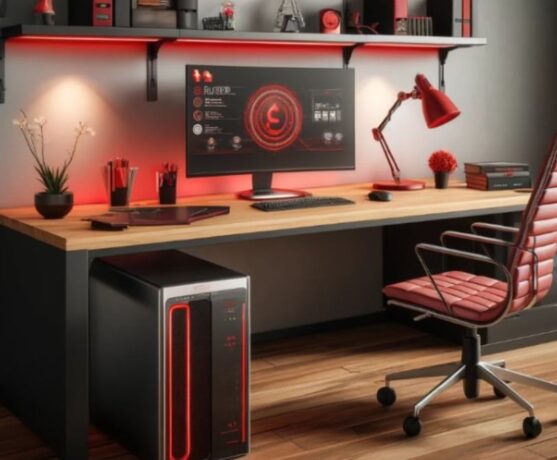 ilustração de um escritório em casa com um nobreak protegendo o pc