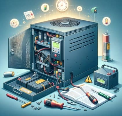 Ilustração de IA detalhada de um nobreak aberto com componentes internos, ferramentas e baterias espalhadas 