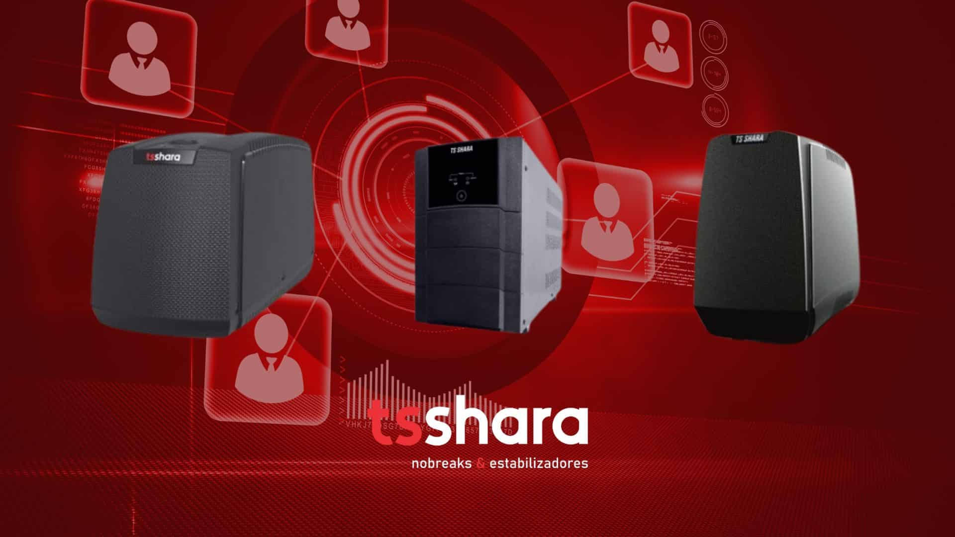 um banner com fundo vermelho e três nobreaks da TS Shara