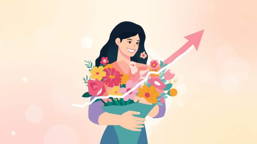 Uma ilustração em estilo flat design com fundo em tons pastéis e efeitos de luz suaves. No centro, uma mulher sorridente segura um grande buquê de flores coloridas (rosas, margaridas e girassóis).