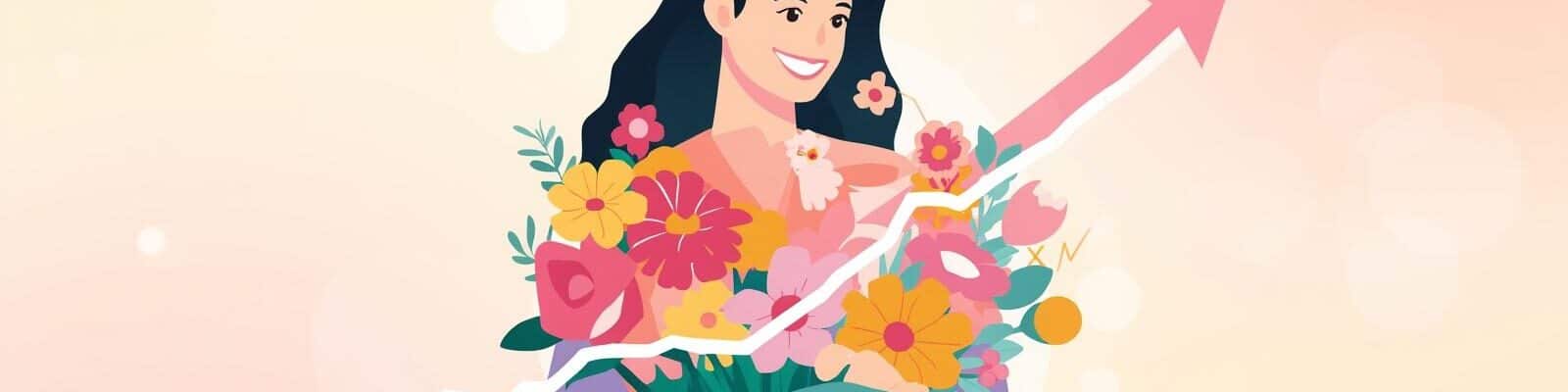 Uma ilustração em estilo flat design com fundo em tons pastéis e efeitos de luz suaves. No centro, uma mulher sorridente segura um grande buquê de flores coloridas (rosas, margaridas e girassóis).