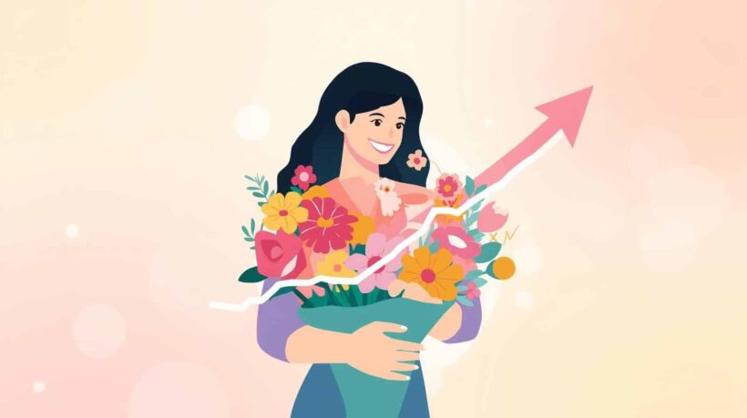 Uma ilustração em estilo flat design com fundo em tons pastéis e efeitos de luz suaves. No centro, uma mulher sorridente segura um grande buquê de flores coloridas (rosas, margaridas e girassóis).