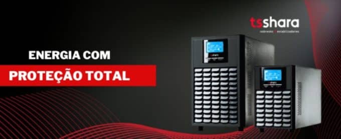 Imagem promocional da TS Shara com nobreaks de alta performance e a frase “Energia com proteção total”,