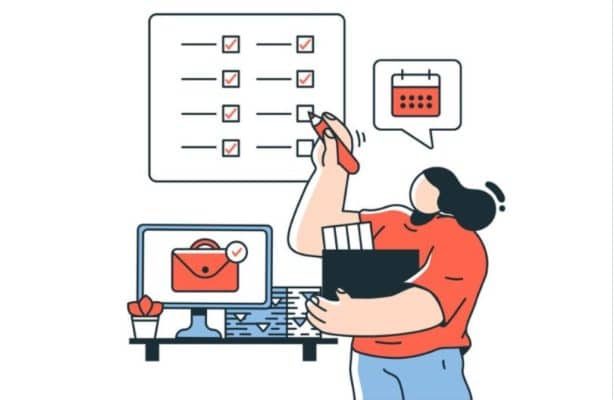 Ilustração em vermelho, preto e azul de uma mulher em pé, preenchendo uma grande lista de tarefas (checklist) em um quadro na parede