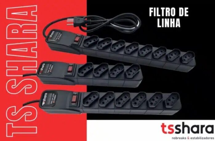 uma arte criada com três filtros de linha da TS Shara, de 4, 6 e 8 tomadas