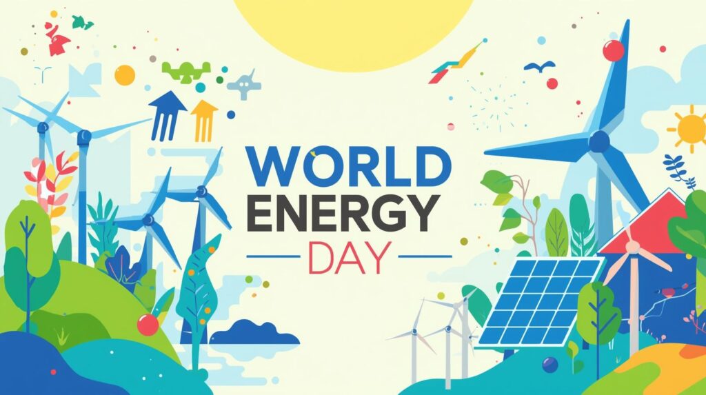 Uma ilustração colorida e vibrante em estilo flat design para o "World Energy Day" (Dia Mundial da Energia).