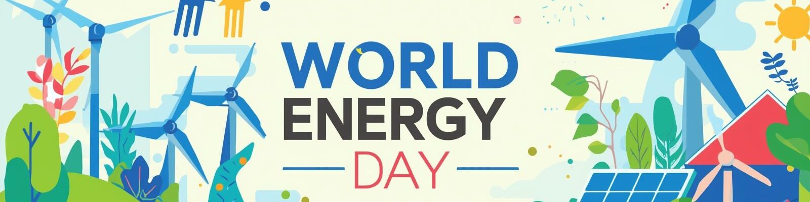 Uma ilustração colorida e vibrante em estilo flat design para o "World Energy Day" (Dia Mundial da Energia).