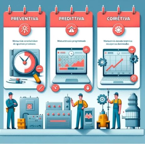 uma ilustração didática que mostra as diferenças entre manutenção preventiva, preditiva e corretiva