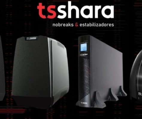A imagem mostra diferentes modelos de nobreaks e estabilizadores da marca TS Shara sobre um fundo preto. Na parte superior, está o logotipo da empresa acompanhado da frase “nobreaks & estabilizadores”.
