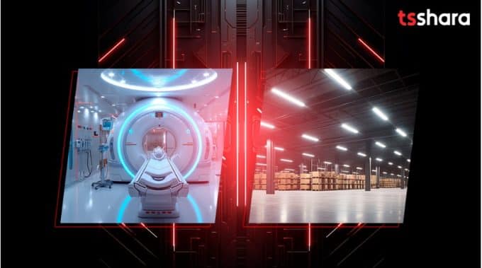 Imagem dividida entre uma sala hospitalar com equipamento de ressonância magnética e um galpão iluminado com prateleiras de armazenamento, com o logotipo da TS Shara no canto superior direito.