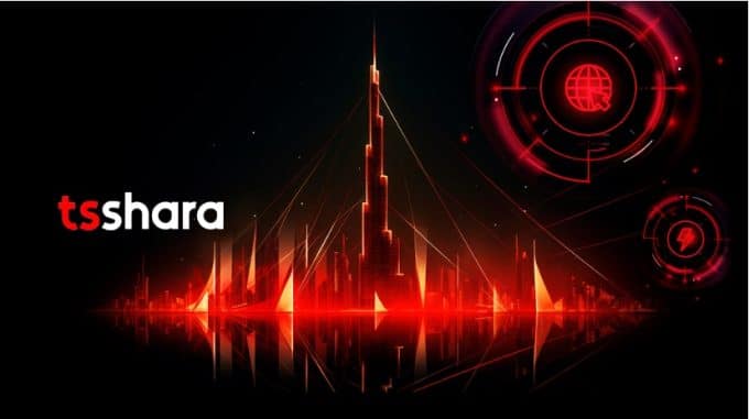 Imagem de arte digital de uma cidade noturna futurista e tecnológica. Edifícios altos estilizados em vermelho e preto