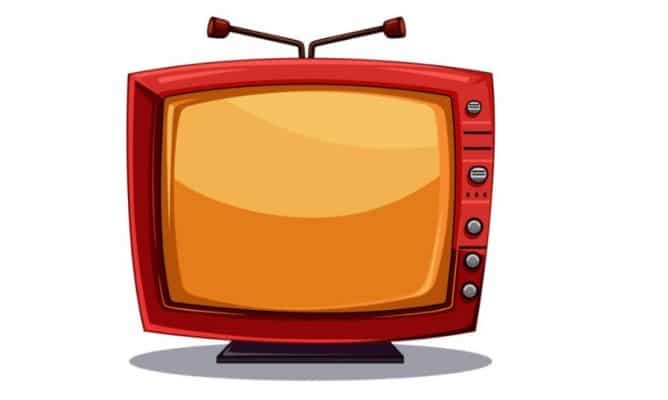 Ilustração de uma tv antiga de tubo, nas cores vermelho e amarela, com as antenas acima 