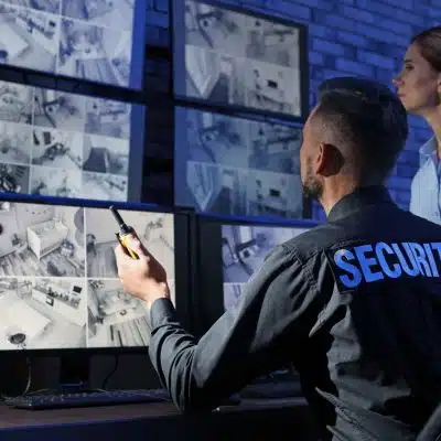 Profissionais de segurança monitorando câmeras em uma central de vigilância