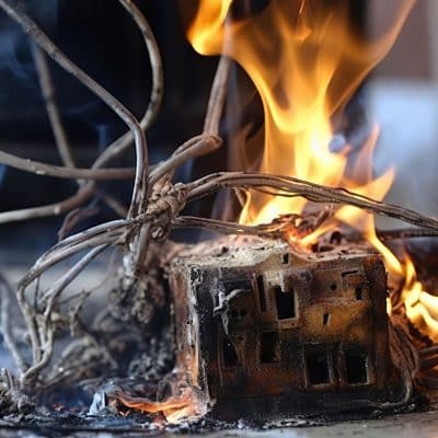 Um objeto quadrado, possivelmente uma tomada múltipla ou filtro de linha, está em chamas e carbonizado.