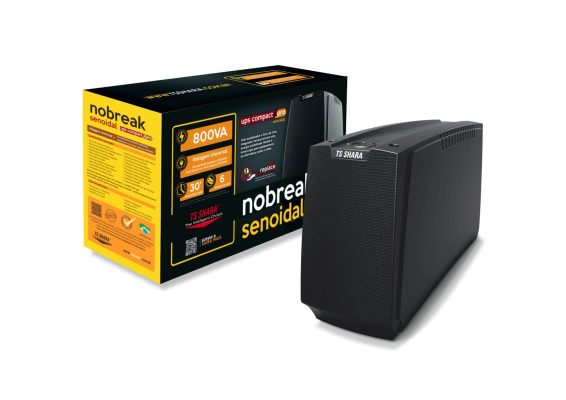 Imagem em um fundo branco mostrando um Nobreak da marca TS Shara, modelo Senoidal de 800VA. O Nobreak, de cor preta e design compacto, está ao lado de sua caixa de embalagem, que é predominantemente preta e amarela