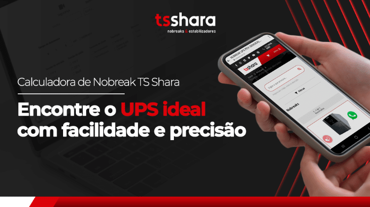 uma mão segurando um celular na tela da calculadora do site da TS Shara