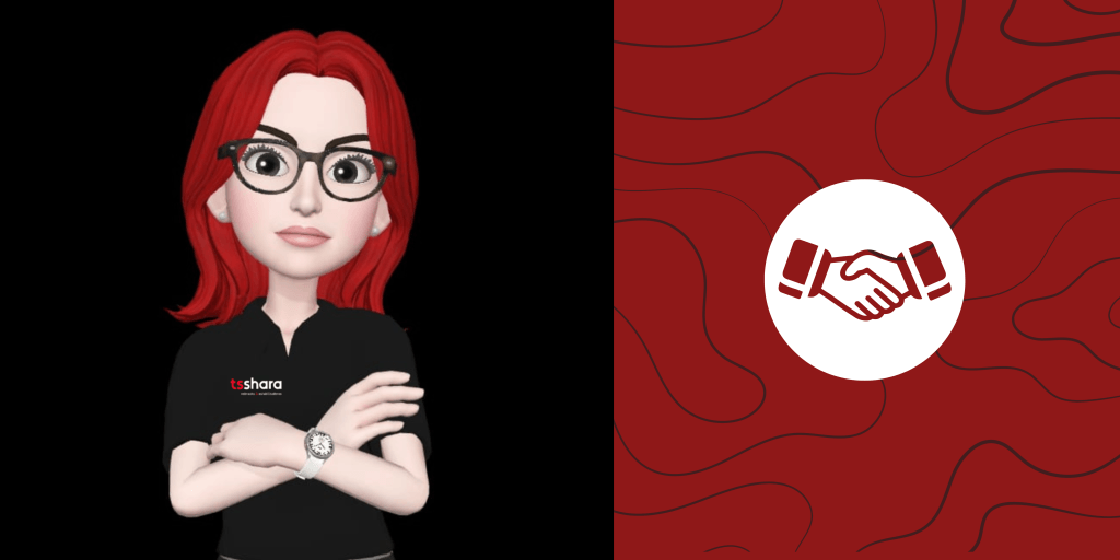 uma imagem do avatar da TS Shara, é uma menina de cabelo vermelho com uma camiseta preta e a logo da TS Shara nela